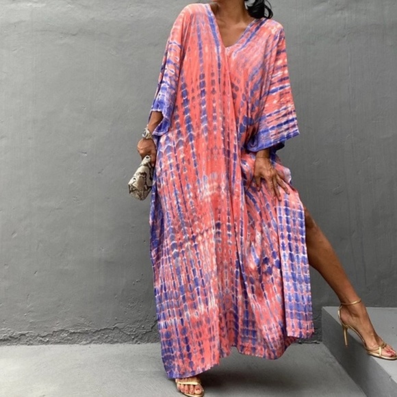 Pink Boho Tie Dye Kaftan Kimono Coverup Dress - Picture 2 of 5